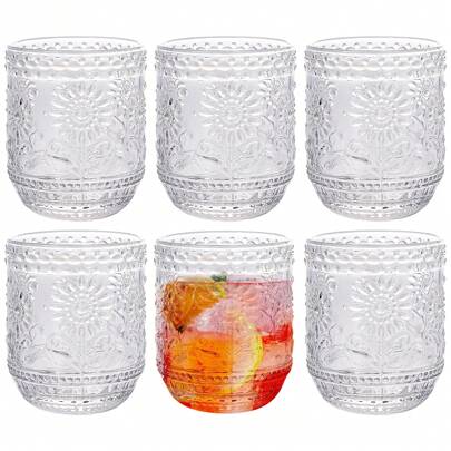Clear Vintage Drinking Glass Set Of 6,12 Oz Embossed Floral Decorative Glassware Set,Glass Cups Wine Glasses Beverages Tumblers Colored Glassware For Whisky,Beer,Juice,Cocktail,Heavy Duty