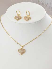 1 chiếc vòng cổ bằng thép không gỉ hình trái tim đính đá Rhinestone sang trọng dành cho nữ, 1 đôi bông tai hình trái tim đính đá Rhinestone sang trọng dành cho nữ, thích hợp cho tiệc tùng, đeo hàng ngày, phong cách châu Âu và Mỹ, cá nhân hóa, hào phóng, Zirconia khối, trang sức cưới, quà tặng cho bé gái, người thân, bạn bè, sinh nhật, ngày lễ tình nhân, quà tặng cho người yêu - Vàng - Xem 2