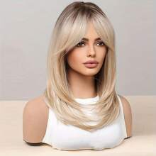 TOPSHE 16 Zoll Ombre Blonde bis dunkle Wurzeln Lockenperücke mit Pony für Frauen - Hitzebeständige synthetische Perücken für Frauen für Cosplay, Halloween, Party, Alltag, HOT