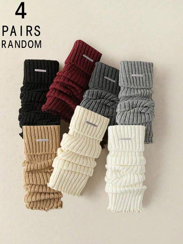 4 Pairs Women Solid Color Vertical Striped Metal Tag Fashion Warm Leg Warmers Leg Warmers, Autumn/Winter