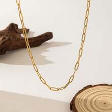 Women's Solid Color Necklace, European And American Hip-Hop Punk Style Paper Clip, 18K Stainless Steel, Simple And Versatile For Vacation And Beach - 金色 - 查看 3