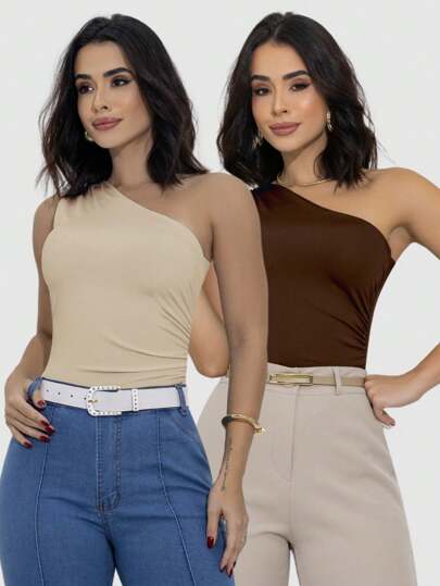 Kit 2 Body Blusa Tshirt Suplex Plissado Um Ombro Só Regata Elegante Fashion Chic Sexy