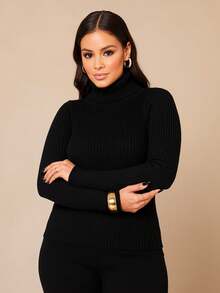 Cacharrel Feminina Tricot Blusa de Frio Gola Alta Manga Longa Básica Clássica Tricô Moda Outono/Inverno