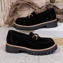 Square Buckle Slip-On Shoes For Women, Square Toe Platform Thick Sole Retro Casual Shoes, Spring & Autumn - Black - View 6