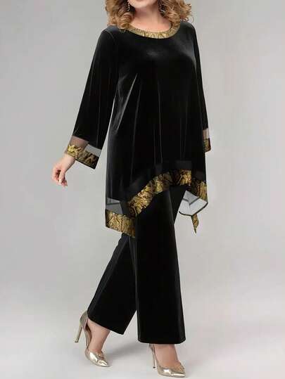 2pcs Plus Size Women Elegant Printed Mesh Patchwork Front Short Back Long Sleeve Top And Solid Pocket Wide Leg Pants Set