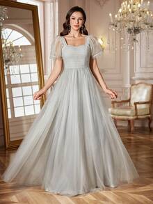 1 Stück graues gepunktetes elegantes gerafftes Mesh-Splice Abendkleid, hochwertiges Abendkleid für Hochzeit, Party, festliche Anlässe, geeignet für Frühling, Sommer, Herbst, Winter