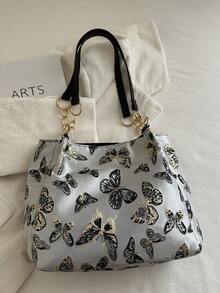 Fashionable Striped Handbag - Women's Large Capacity Shoulder Bag - Zipper Tote Bag For Daily Use - Metal Chain Tote Bag, Waterproof Nylon Material With Colorful Butterfly Pattern, Suitable For Back To School Students - Black - View 8