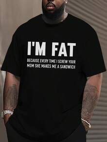 Men'S Plus Size "I'm Fat" Graphic T-Shirt - Casual Summer Short Sleeve Tee With Funny Slogan, Beige, Lightweight Polyester Fabric, Perfect For Adults, Humorous Clothing|Playful Message Shirt|Polyester Tee, PLUS SIZ - 黑色 - 查看 1