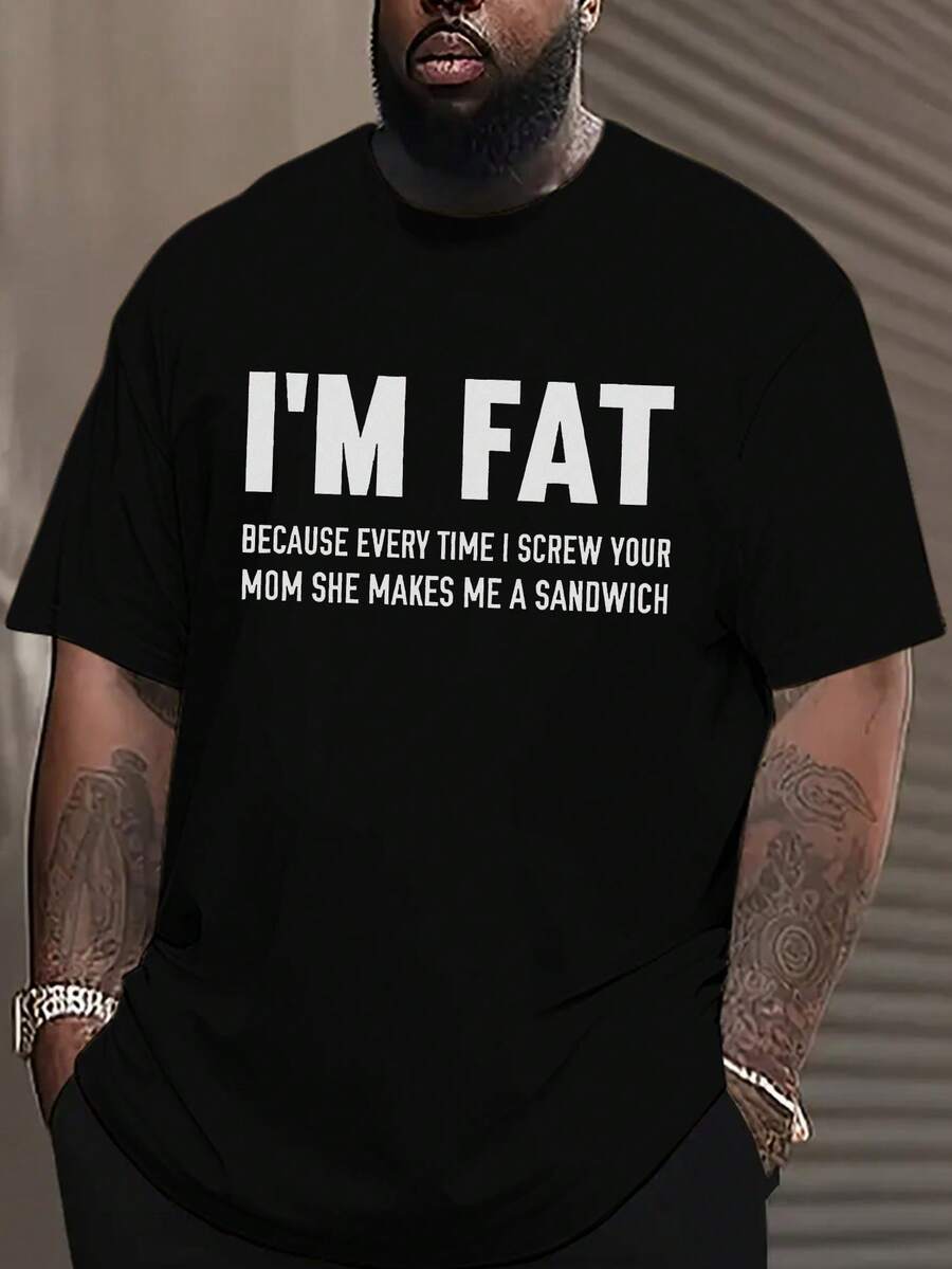 Men'S Plus Size "I'm Fat" Graphic T-Shirt - Casual Summer Short Sleeve Tee With Funny Slogan, Beige, Lightweight Polyester Fabric, Perfect For Adults, Humorous Clothing|Playful Message Shirt|Polyester Tee, PLUS SIZ - 黑色 - 查看 1