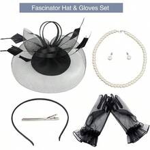 Ibeauti Fascinator Hats With Screentouch Lace Gloves Set Women Tea Party Cocktail Wedding Derby Headwear Short Gloves - 07 Black - 查看 2
