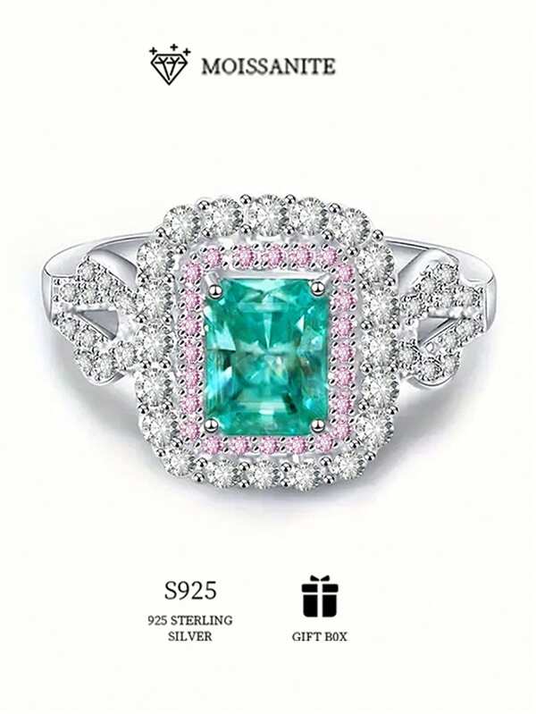 خاتم فضة إسترليني عيار 925 مرصع بموسانيت مربع أكوامارين 2 قيراط، مجوهرات فاخرة عتيقة الطراز للنساء، مناسب للفساتين الرسمية، هدية مثالية للصديقة والزوجة والأم، يأتي مع علبة هدايا