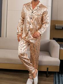 Męski komplet piżamowy, bluzka z długim rękawem i długie spodnie, wzór liter i geometryczny, satyna w kolorze szampańskim, 2-częściowy strój domowy, odpowiedni na każdą porę roku, odzież jesienno-zimowa - Szampan - Zobacz 2