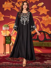 女士圆领优雅刺绣串珠花卉贴花连衣裙，优雅的阿拉伯风格 - 黑色 - 查看 3