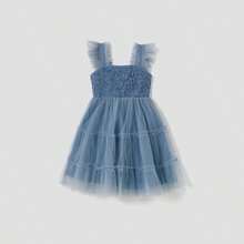 PatPat Family Matching Button Tee And Shirred Spliced Tiered Mesh A-Line Dress - Màu xanh khói trung bình - Xem 4