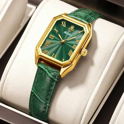 YaLaLuSi Brand 1 Piece Women's Vintage Green Quartz Wristwatch Roman Numerals Scale Fashionable And Modern Leather Wristbands Threaded Surface Design Simple And Elegant Suitable For Business Leisure Daily Collocation The Best Choice Of Gifts For Women Friends Mom Gifts