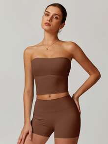 MASKERT 春夏女运动服背心健身服紧身跑步服高弹健身瑜伽服套装家居休闲舒适亲肤透气 - 巧克力棕 - 查看 5