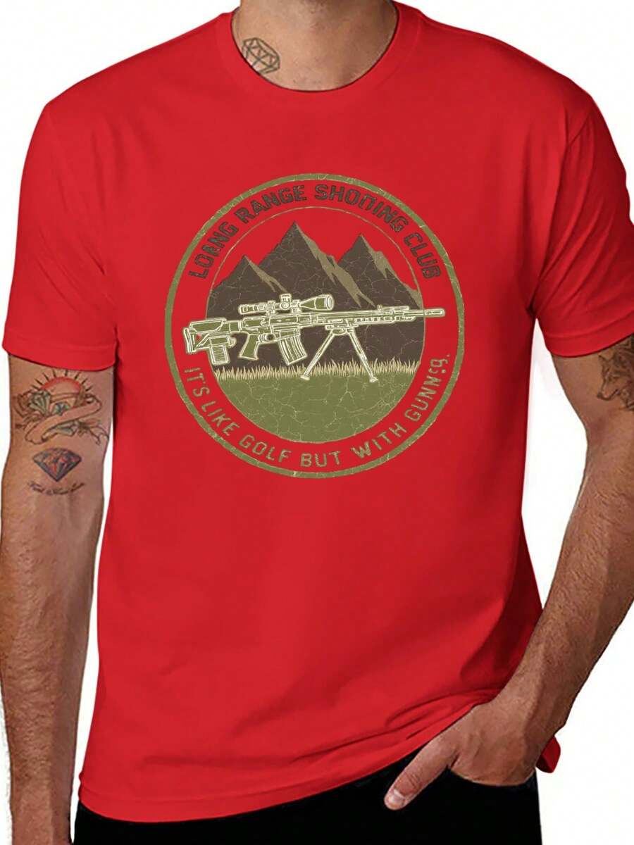 S~5XL Classic Cotton Tee | Unisex American Size | 180gsm Fabric | Men's Vintage Military Sniper Graphic T-Shirt Funny Long Range Shooting Design Casual Wear Gift For Gun Enthusiasts Print | Beach & Casual Wear - 紅色 - 查看 1