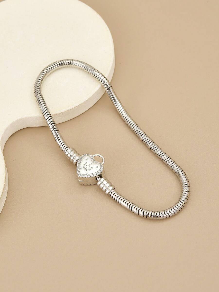 1pc Fashionable Charm Cubic Zirconia Snake Chain Stainless Steel Bracelet For Men & Women, Red Heart, Heart Lock, Suitable For Party, Daily Wear, European & American Style, Personalized, Generosity, Cubic Zirconia, Wedding Jewelry, Gift For Girl, Relative, Friend, Birthday, Valentine's Day, Gift For Lover - Silver - View 1