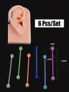6 Stücke nachleuchtende einfarbige Acryl Ohrstecker, Bonbonfarben lange Schaft Doppelkugel weiche Schaft Zungenpiercing, Unisex