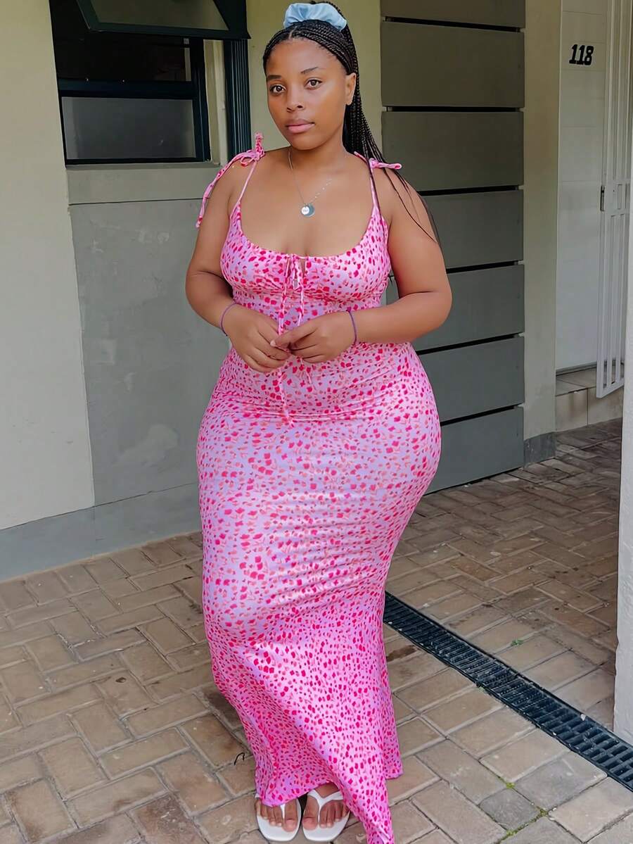 Plus Size Elegant Sleeveless Pink Maxi Dress  Casual Daily Leopard Print Bodycon Dress - 彩色 - 查看 1
