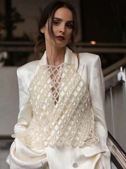 1 pieza Cadena corporal de perlas de moda, collar de red con cuentas y colgante de gota minimalista, prenda de vestir elegante para mujer