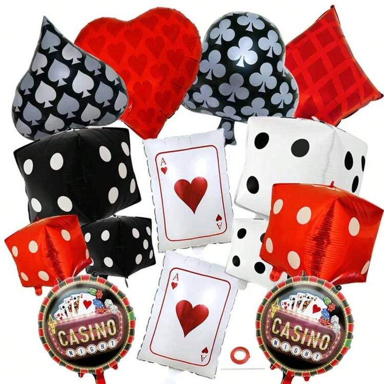 Balões de decoração com dados e cartas de baralho de cassino, decorações para festas de aniversário com tema de cassino, decorações para festas de pôquer, decorações para festas temáticas de cassino e Las Vegas - Multicolorido - Ver 1