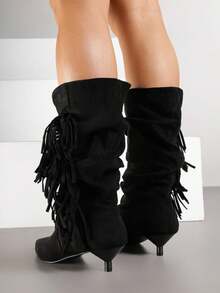 Duck Heel Ankle Boots With Ruching And Fringe - Black - View 4