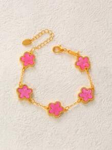 1pc Colorful Shell Inlaid Clover Charm Flower Chain Bracelet, Fashionable & Elegant For Women & Girls - Gold - View 31
