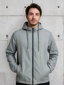 Men's Lightweight Plain Water-Repellent Windbreaker Jacket With Hood - Gray+Plain+P - View 1
