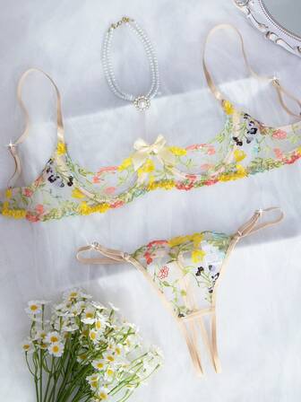 女士花卉网眼透明舒适日常性感内衣套装