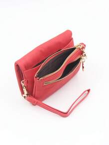 红色短款双拉链钱包，复古高品质哑光PU皮革腕包，小巧方形包，可折叠可扩展，多卡位紧凑型票据夹，派对礼物，礼品，礼品卡夹 - 酒紅色 - 查看 5