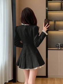 RUIWY 女士优雅修身腰部防晒披肩领黑色连衣裙，带褶边细节，适合春夏秋季 - 黑色 - 查看 5