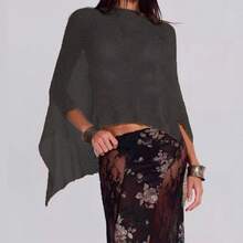 Women Sheer Mesh Poncho Top Crochet Knit Lightweight See Through Shawl Wrap Summer Oversized Loose Shrug Beachwear Swimsuit Bikini Cover Ups - 黑色 - 查看 2