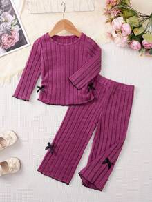 2 piezas Conjunto de sudadera y pantalones de unicolor acanalado informal para niñas, diseño lindo con lazo, suave y dulce, para otoño/invierno