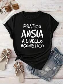Áo thun nữ cỡ lớn cổ tròn dáng rộng, áo thun ngắn tay in chữ ngộ nghĩnh mùa hè dành cho nữ cỡ lớn màu đen - màu đen - Xem 8