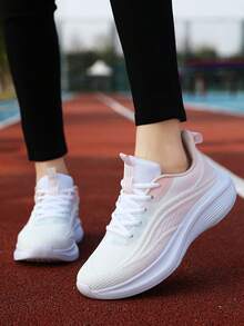 1 Pair Women's Soft Bottom Casual Running Shoes, White Mesh Lace-Up Low-Top Outdoor Shock-Absorbing Sports Shoes, Spring/Autumn 2025 New Solid Color Road Running Sneakers
