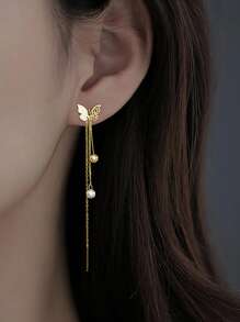 Aretes de borlas de hilo de plata esterlina S925 con mariposa para mujer, de estilo largo y sencillo, joya fresca que combina con todo, regalo de joyería - Mariposa - Ver 6