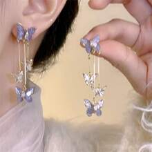 Pair Purple Elegant Butterfly Dangle Earrings For Women, Cute Animal Pendant Long Tassel Holiday Theme Jewelry For Women Vacation & Gift Giving - 紫色 - 查看 2