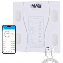 RAF 可充电智能电子秤，有黑色/白色/粉色可选，150mAh 锂电池，测量 BMI、体脂、肌肉质量，与健身应用程序同步数据 - 彩色 - 查看 13