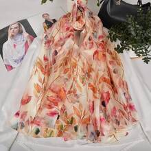 100% Mulberry Silk Scarf For Women Lightweight Long Scarves Beach Wraps Cover Up -Travel Photography Scarfhalloween - Beige Pink Floral - 查看 7
