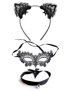 D EXCEED 2/3/4/5 pièces Ensemble de serre-tête à oreilles de chat en dentelle, masque pour les yeux et collier à clochette pour femmes - pour le cosplay d'anime, les fêtes d'Halloween - Multicolore - Voir 16