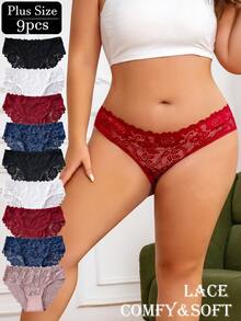 9 Stücke Damen Große Größen Spitzen Unterwäsche - Blume Muster, atmungsaktiv & bequem, nahtlose Höschen, weiche Alltagsgrundslips