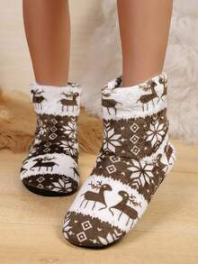 女士平底室内毛绒鹿图案拖鞋，静音鞋底圣诞主题家居拖鞋，适合秋冬季 - 棕色 - 查看 2