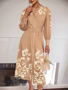 Sollinarry 女士春夏新款优雅印花连衣裙，单排扣长袖配腰带，轻盈透气易打理，适合外出、度假和约会。 - 卡其色 - 查看 1