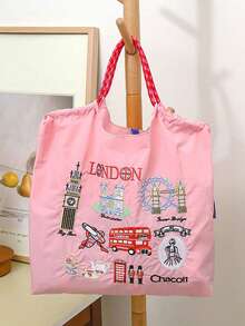 1pc New Fashion Embroidered Pattern Nylon Large Capacity Foldable Shopping Bag, Suitable For Commuting, Party, Adjustable Shoulder Strap Tote Bag, Bags For Ladies Fashionable