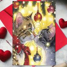 1 pieza Tarjeta de felicitación navideña australiana con sobre, 11cm X 16cm - Diseño encantador de gatos besándose con adornos festivos, ideal para amigos, familia y amantes de los gatos, tarjeta de celebración navideña conmovedora