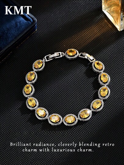 KMT 1 pulseira oval elegante com zircônia cúbica incrustada em cobre, estilo luxuoso para festas e ocasiões especiais