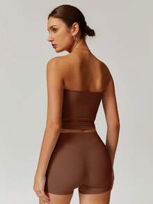 MASKERT 春夏女运动服背心健身服紧身跑步服高弹健身瑜伽服套装家居休闲舒适亲肤透气 - 巧克力棕 - 查看 3