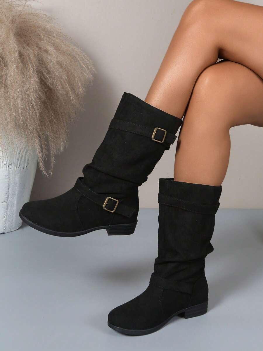 Bottes mi-mollet mode femme, nouvelle arrivée automne/hiver 2025, chaussures femme, bottes de randonnée mi-mollet , bottes plissées, bottes plates style britannique rétro, bottes noires