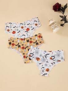 7pcs Halloween Printed Women's Underwear, Comfortable Seamless V-Waist Lifting Wavy Edge Briefs